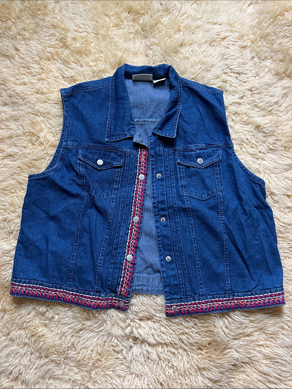Vintage Rossettes Denim Vest with Red Trim - Women's Blue Jean Vest
